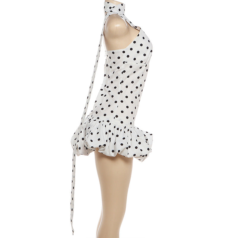 Polka Dot Halter Mini Dress | Ruched Asymmetric A-Line Party Dress | Beige