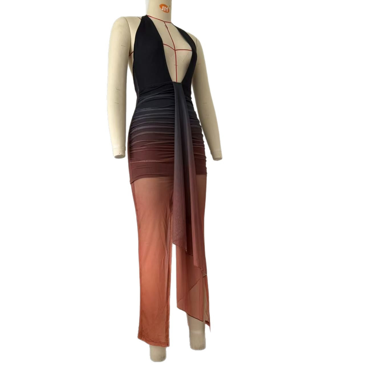 Contrast Color Backless Dress: Deep V-Plunge Slim Fit Bodycon