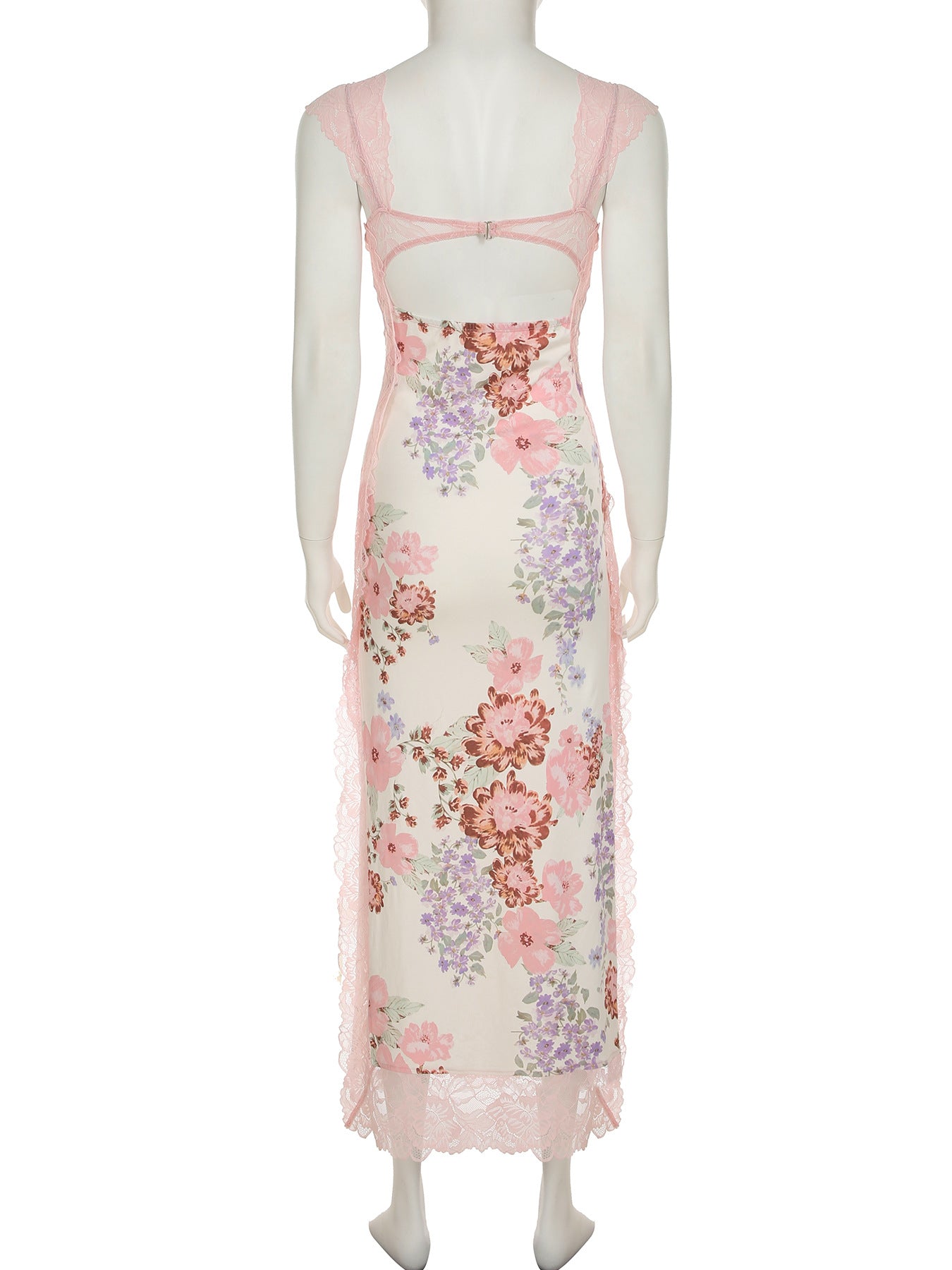 Pink Boho Cutout Maxi Dress - V-Neck Backless Floral Patchwork Vacation Dress