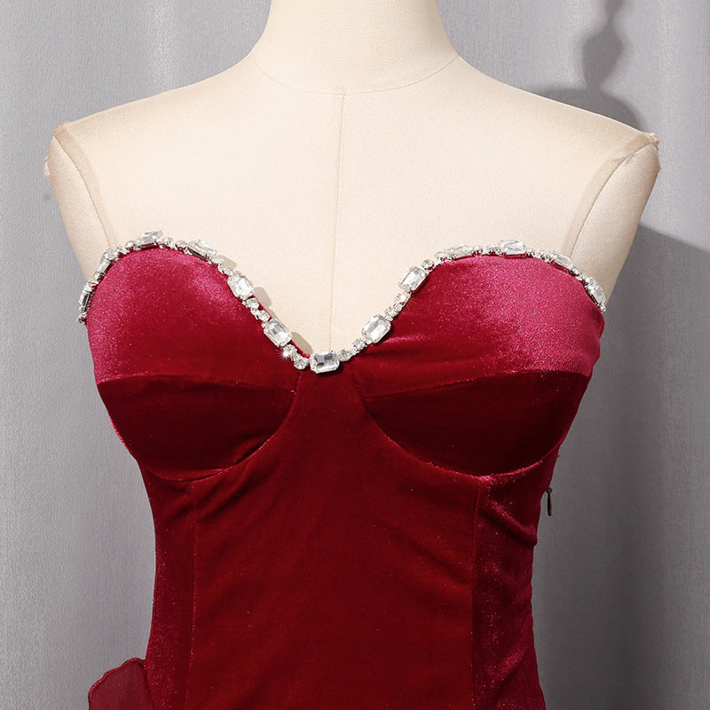 🍷 Ruby Luxe Rhinestone Ruffle High-Low Dress