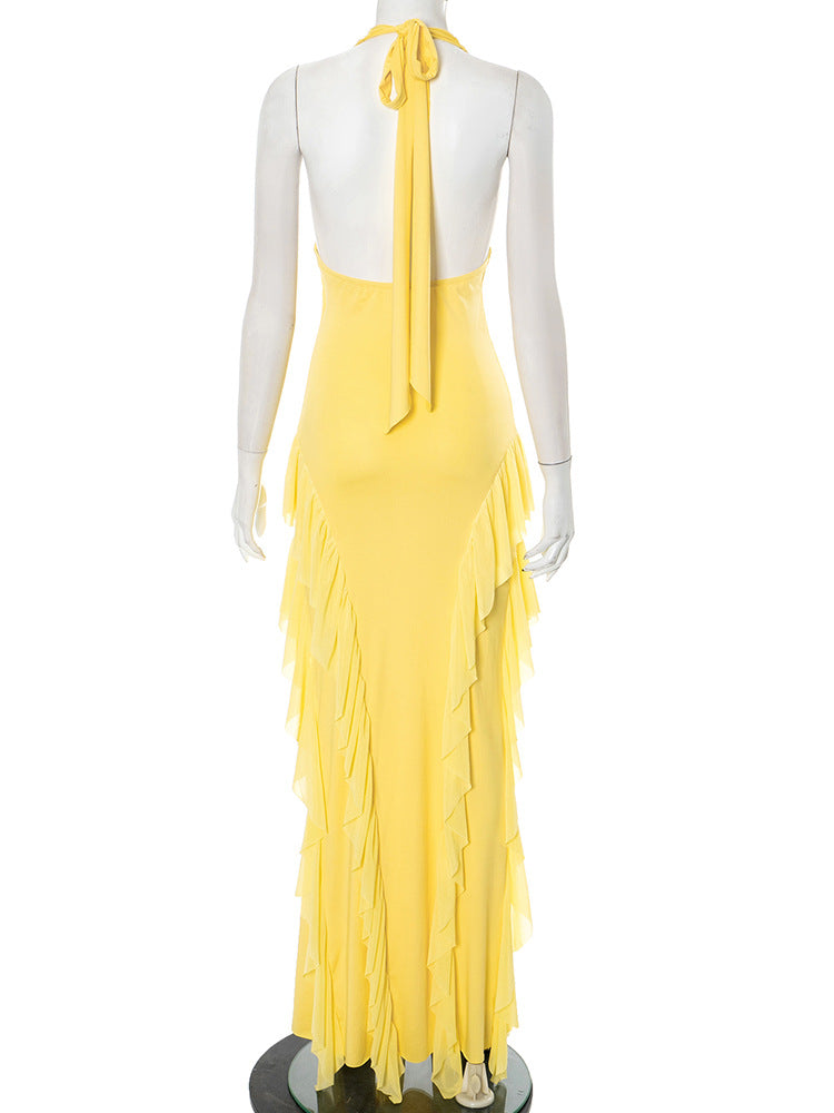 Backless Halter Maxi Dress: Sleeveless Ruffle Trim Lace-Up Detail