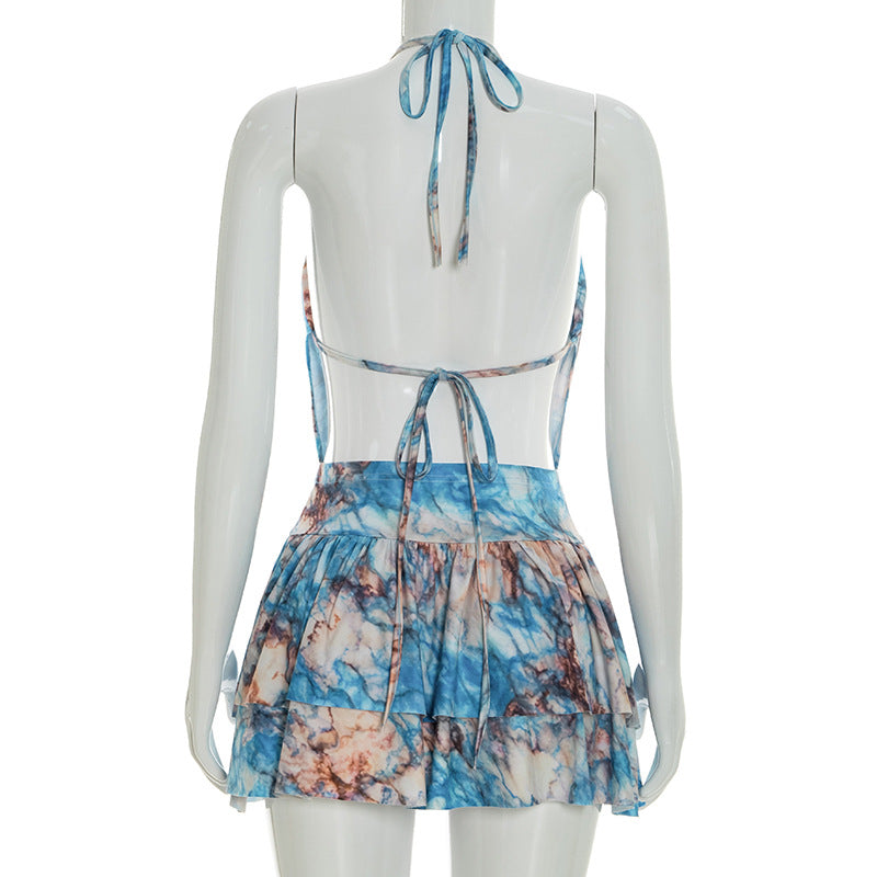 Floral Print Halter Neck Cutout Backless Crop Top & Ruffle Midi Skirt Set | Sleeveless Boho Two-Piece Set | Blue | Sizes S-L
