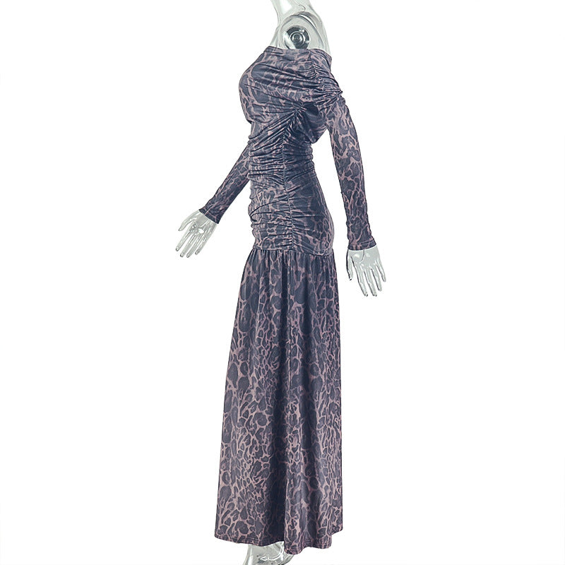Women's Leopard Print Maxi Dress – Off-Shoulder Long Sleeve Backless Split Dress
