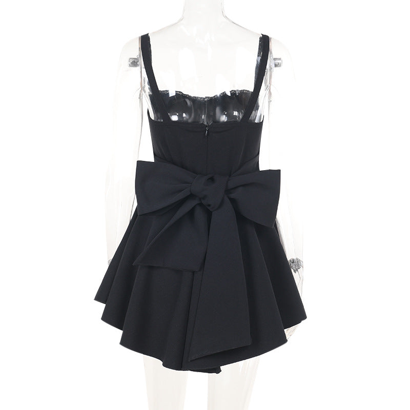 Black Bow Slip Dress - Ruched Spaghetti Strap Bodycon Mini