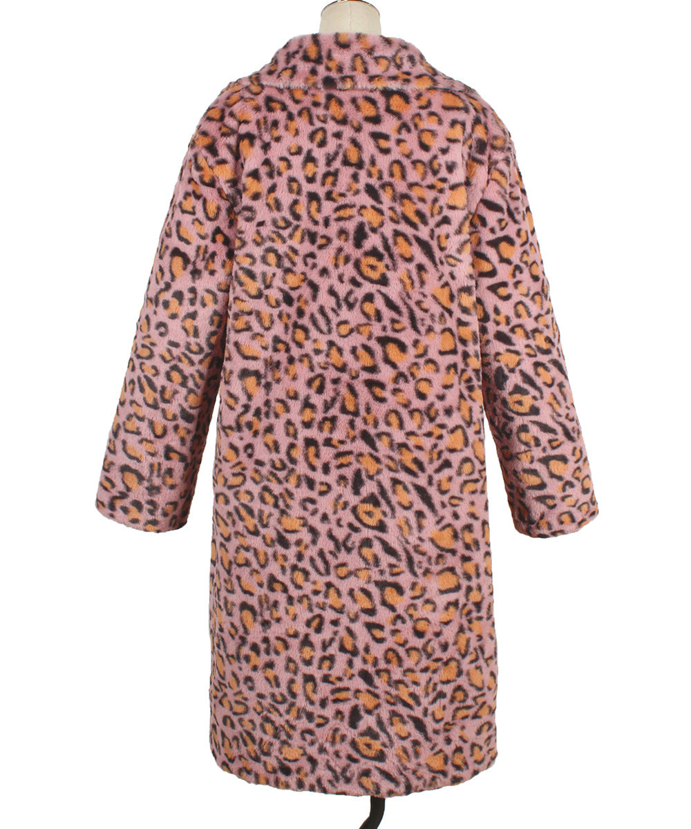 Casual Leopard Print Faux Fur Trench Coat: Square Collar Plush Longline Jacket