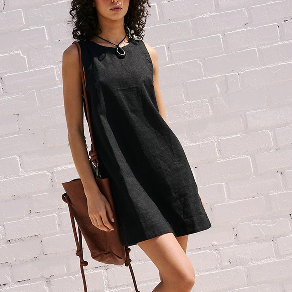 Cotton Linen Backless Mini Dress - Sleeveless A-Line Dress