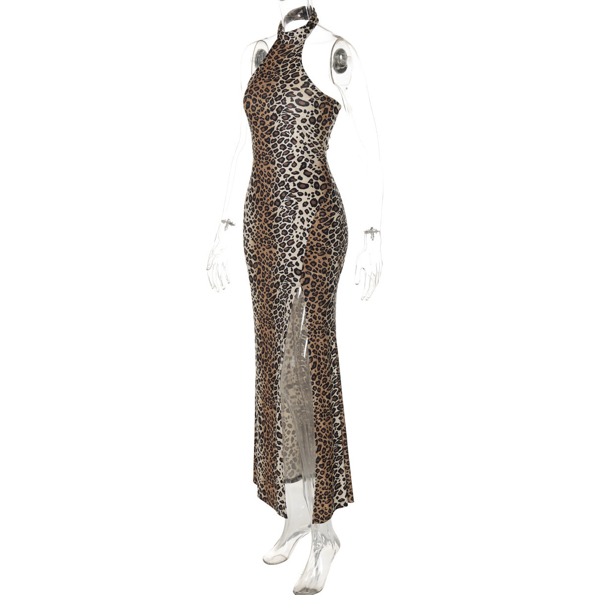 Leopard Print Halter Dress: Backless High Split Bodycon