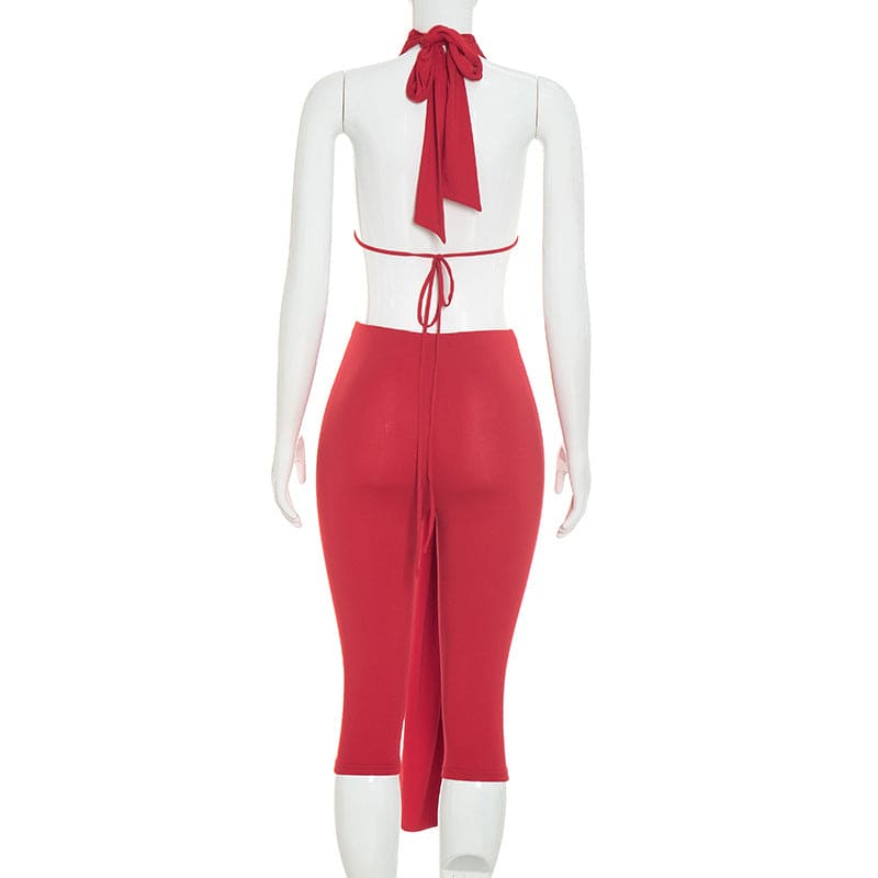 Women's Halter Lace-Up Two-Piece Set – Backless Crop Top & Cropped Pants