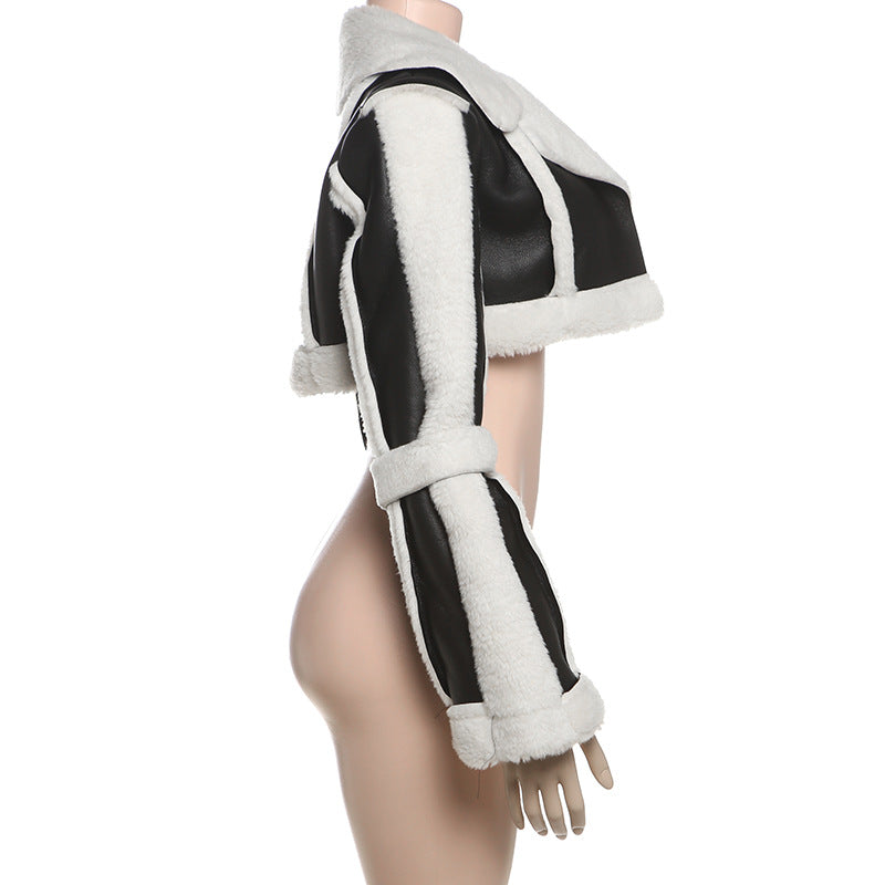 Faux Shearling Color Block Crop Jacket