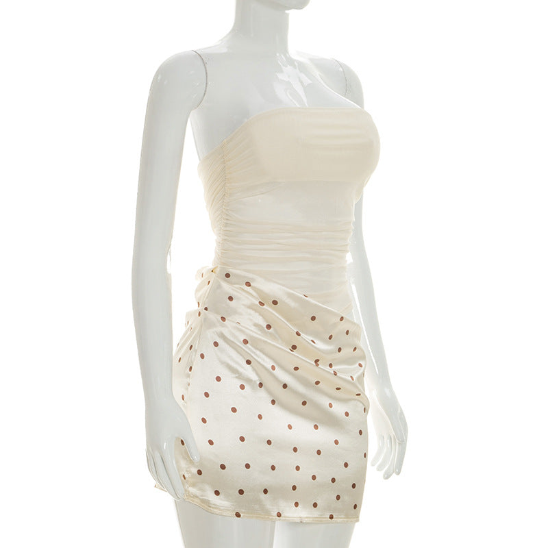 Apricot Polka Dot Strapless Bodycon Mini Dress - Cutout Ruched Mesh Patchwork Party Dress