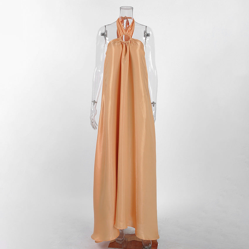 Khaki Halter Lace-Up Backless A-Line Maxi Dress | Sleeveless Ring Detail Elegant Dress | Sizes S-L