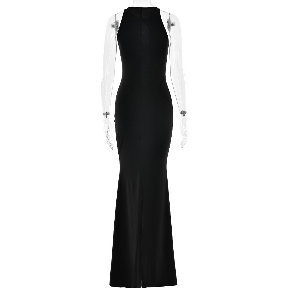 Elegant Cutout Rhinestone Fishtail Maxi Dress