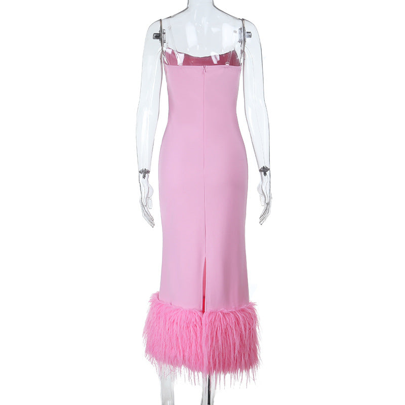 Elegant Feather-Trimmed Maxi Dress