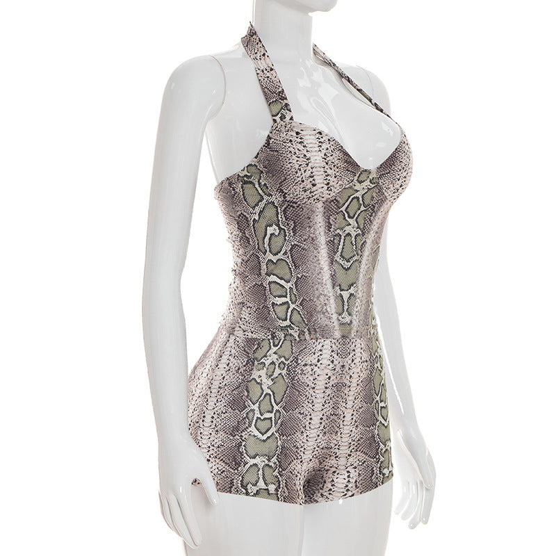 Snake Print Two-Piece Set - Halter Crop Top & Low Rise Shorts Matching Set