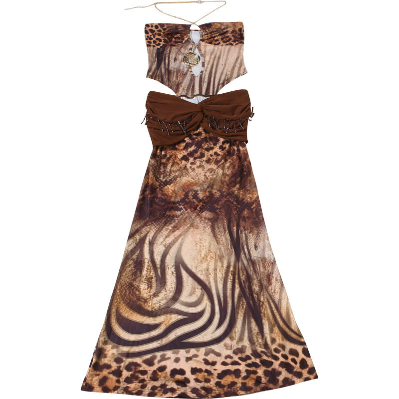 Brown Animal Print Chain Halter Bodysuit & Maxi Skirt Set - Twisted Ruched Fringe Cutout 2-Piece Set