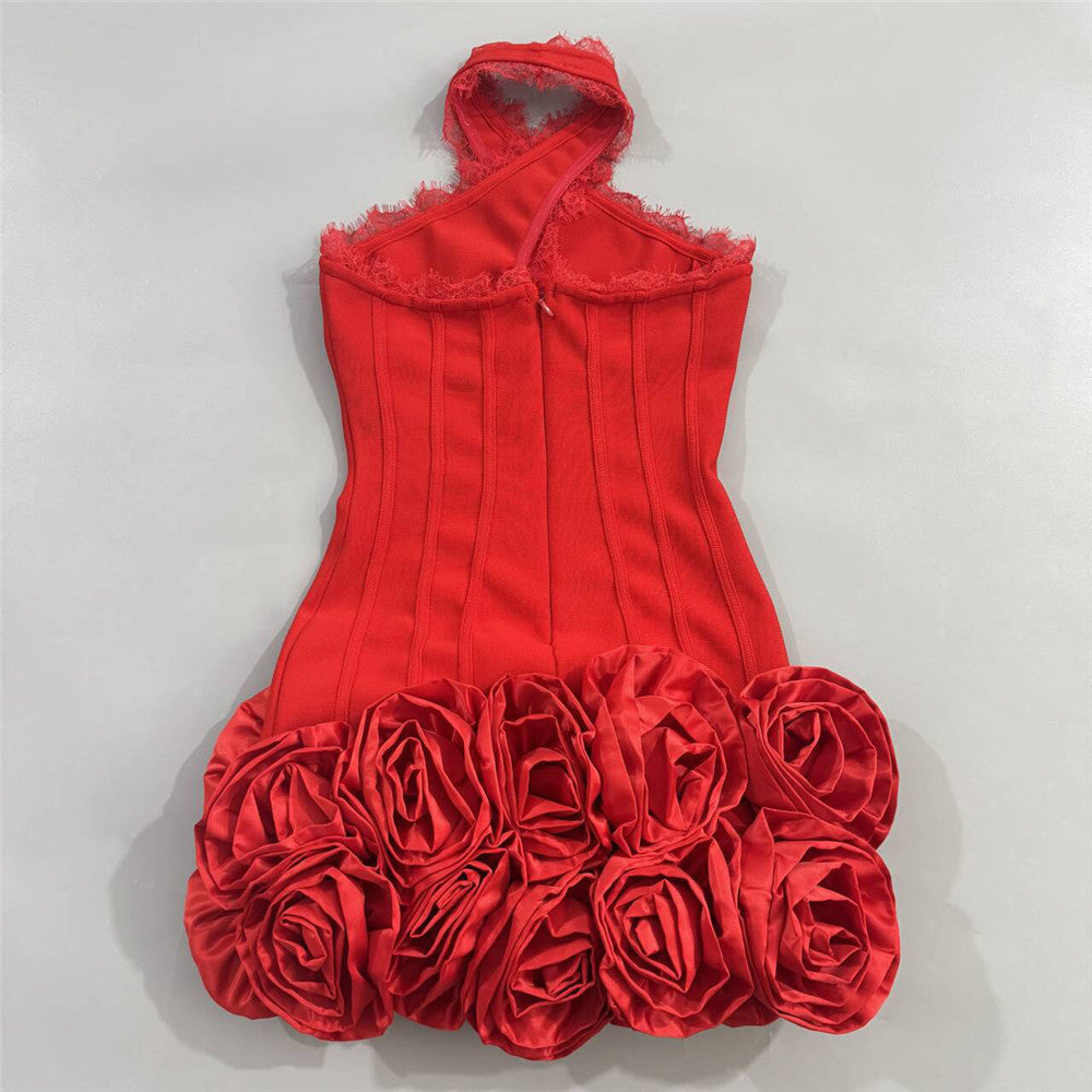 Red Floral Bandage Mini Dress: Halter Backless Lace Trim
