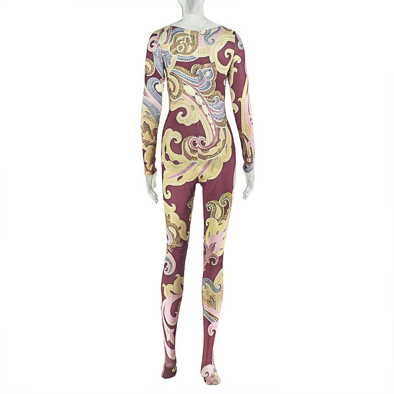 Women’s Printed Jumpsuit – Slim Fit Long Sleeve Crew Neck, Full Length
