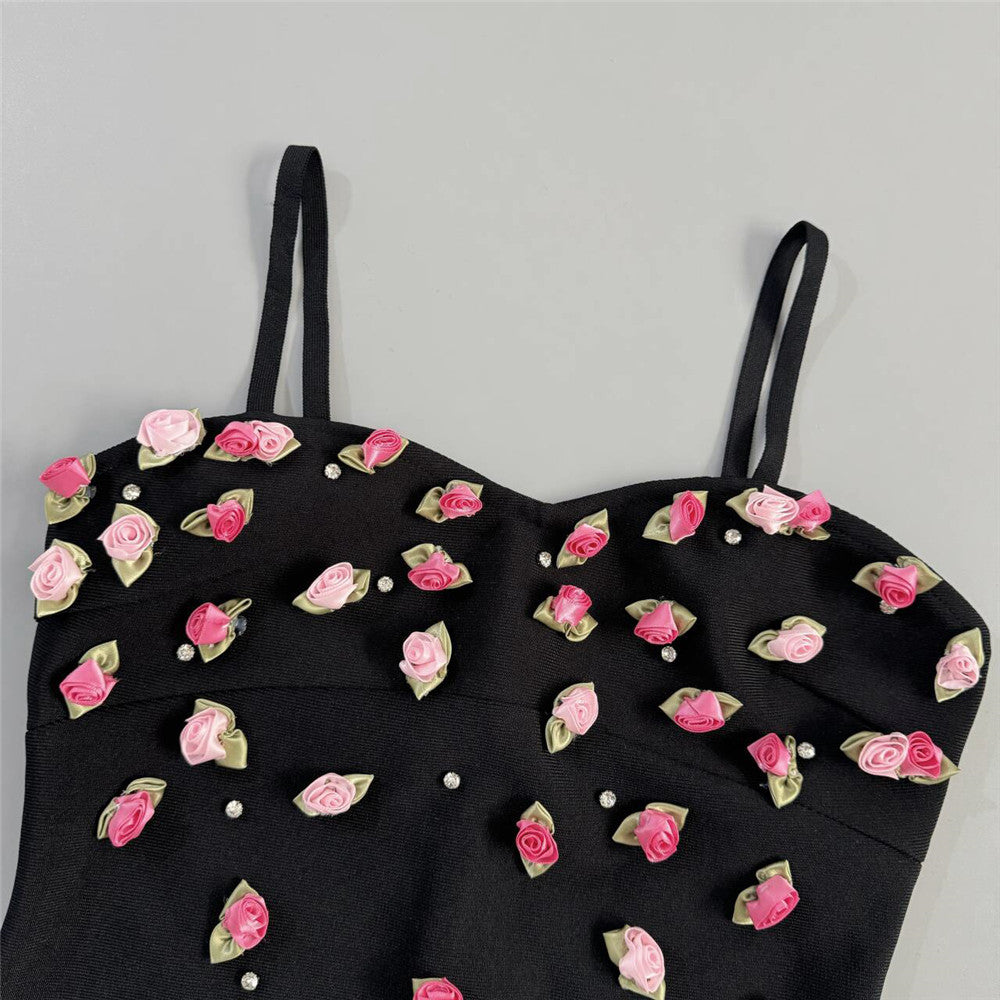 Black Rhinestone Bandage Mini Dress: Floral Embellished Bodycon Sling