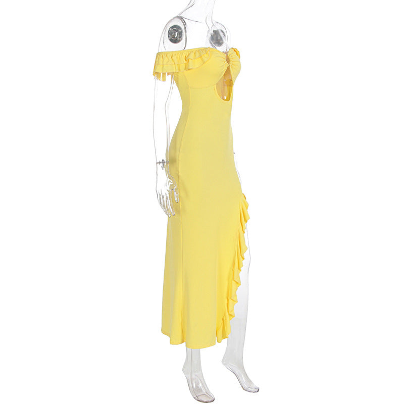 Yellow Off Shoulder Cutout Maxi Dress - Ruffle Ring Detail Party Dress