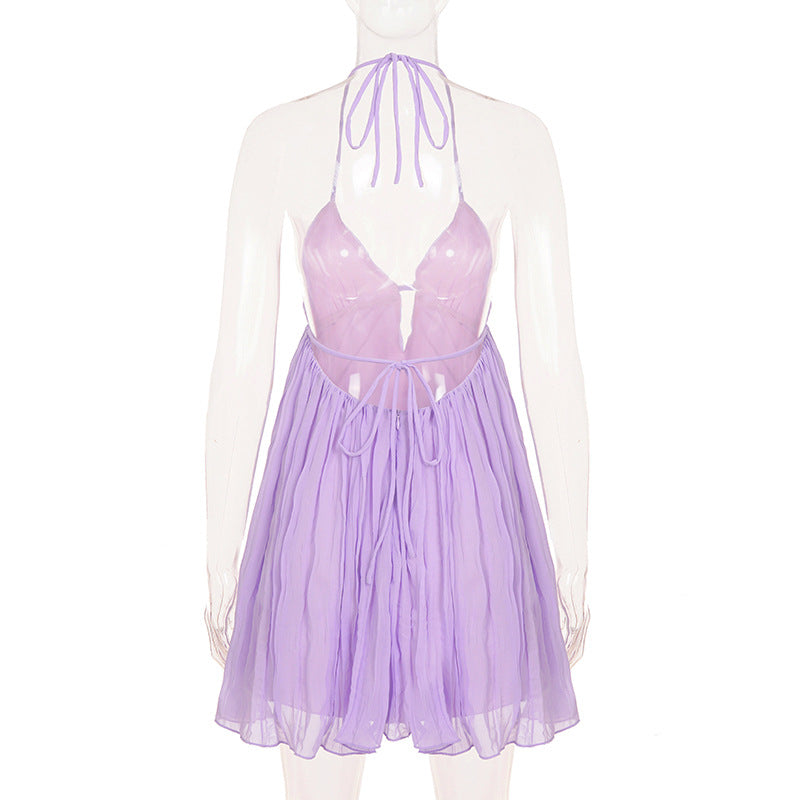 Halter Backless Ruched Mini Dress | Cutout Tie A-Line Vacation Dress | Purple