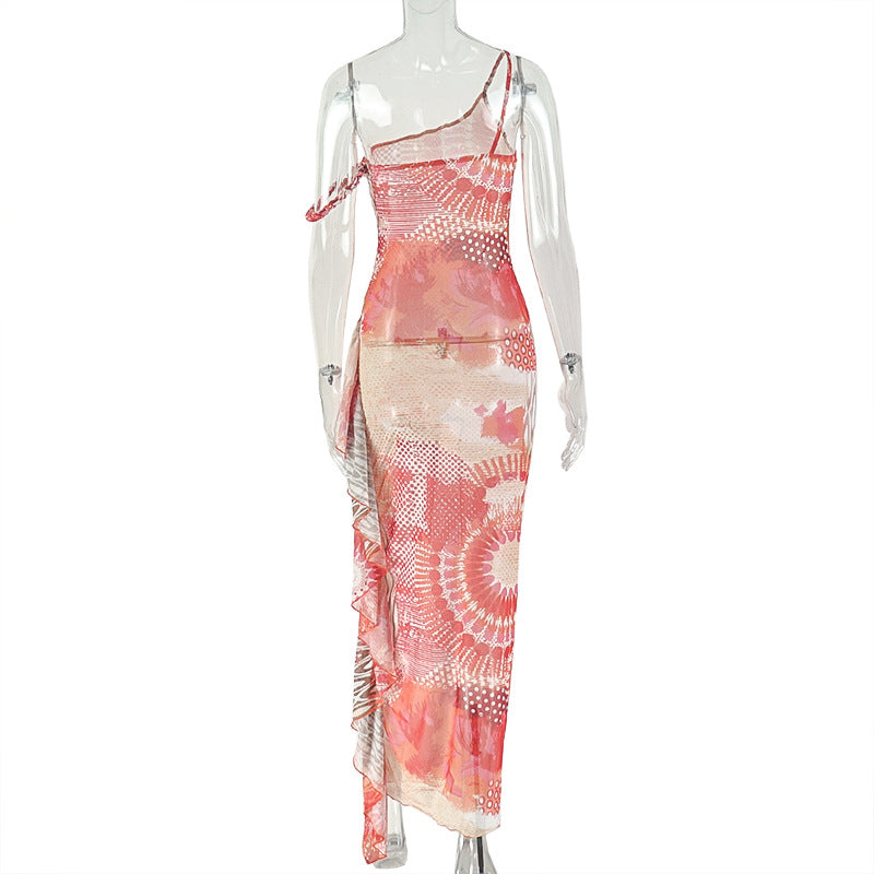 Red One Shoulder Ruffle Maxi Dress - Asymmetric Bodycon Party Dress