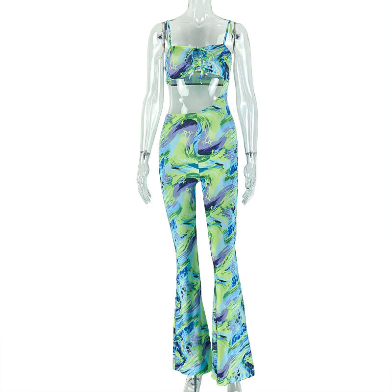 Green Floral Print Bandeau Jumpsuit - Backless Cutout Lace-Up Asymmetric Outfit