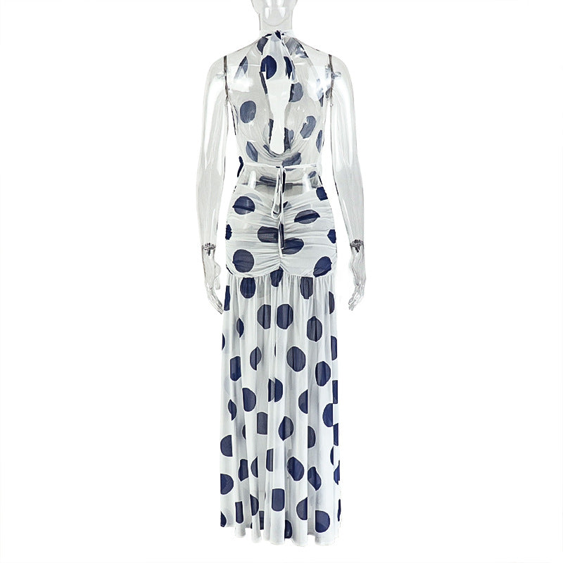 Women’s Polka Dot Backless Maxi Dress – Sleeveless Bodycon Split Dress with Ruched Tie Detail