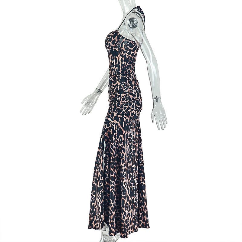 Leopard Print Corset Halter Split Maxi Dress | Backless Ruched Bodycon Formal Dress | Sizes S-L