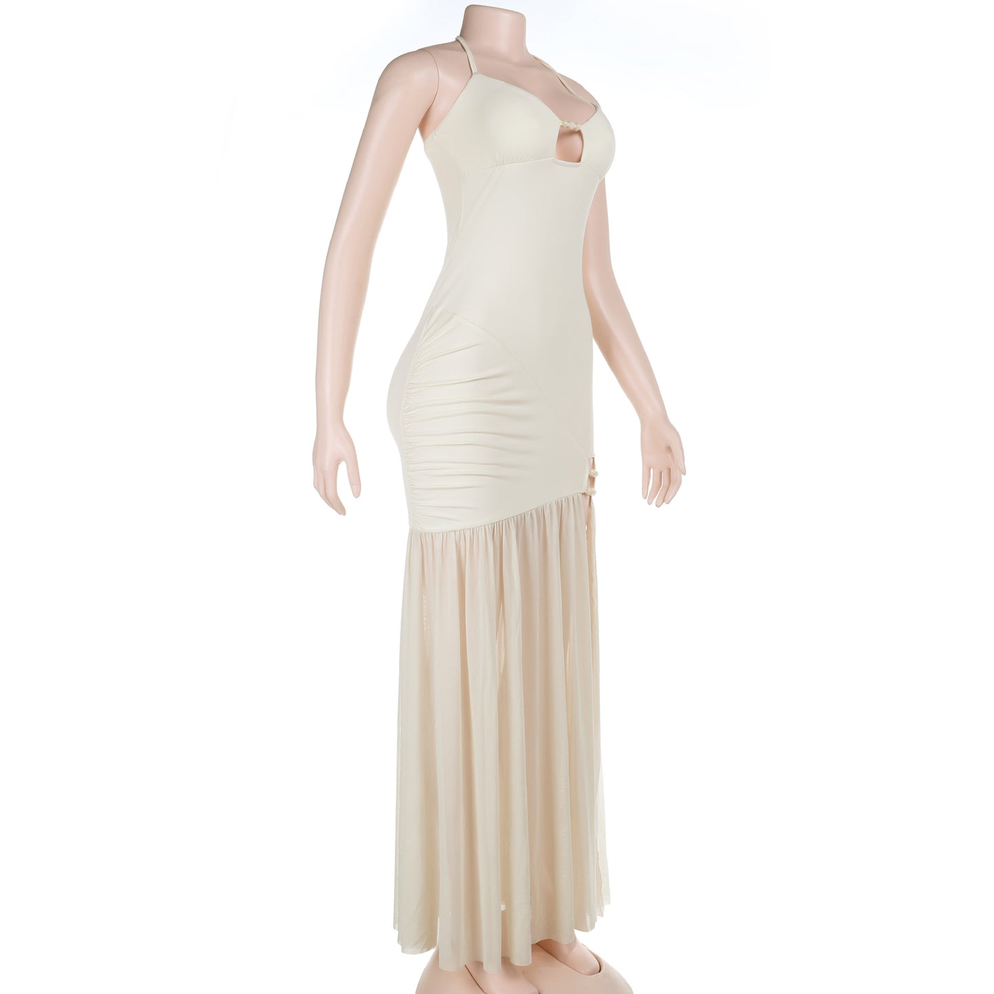 Women's Mesh Halter Maxi Dress – Sexy Beaded Cutout Bodycon Party Dress