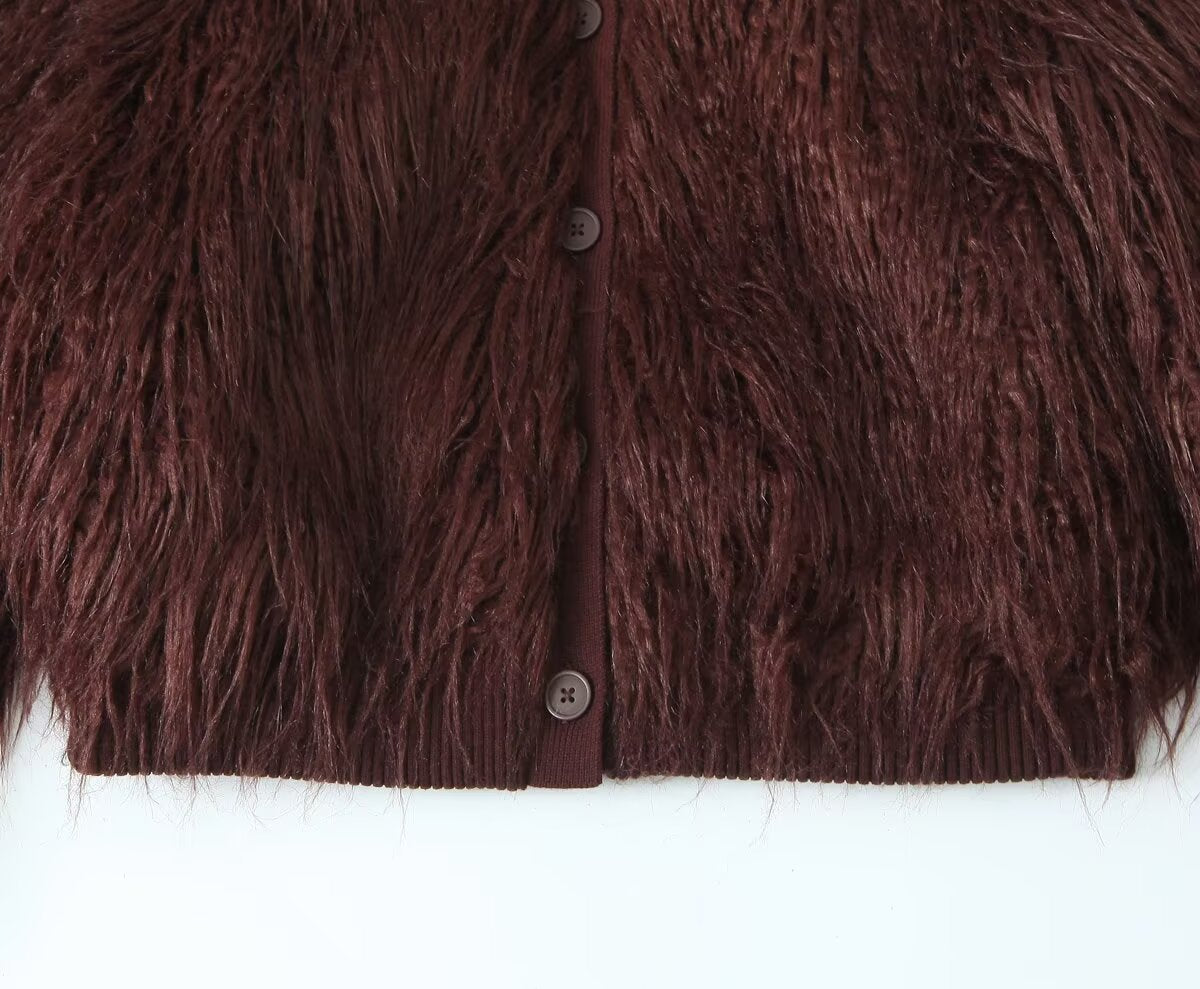 Burgundy Faux Fur Knit Coat: Retro Look Teddy Bear Sweater Jacket