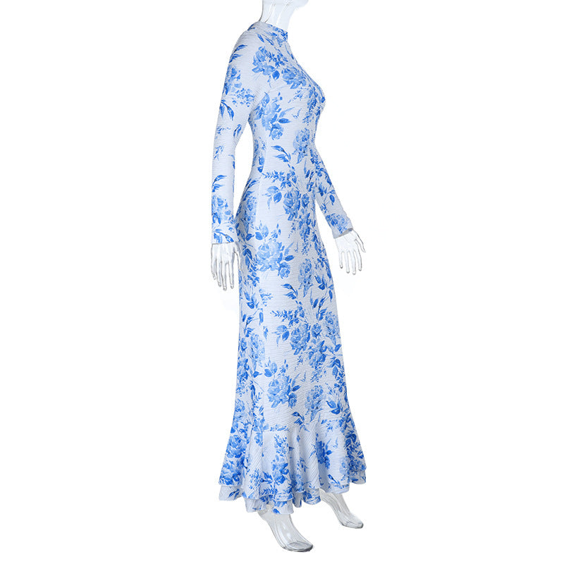 Blue & White Printed Fishtail Dress: Half Turtleneck Long Sleeve Maxi