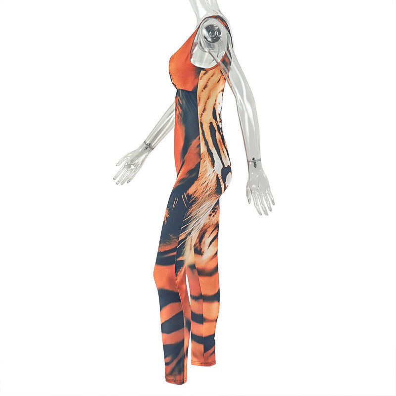 Women’s Tiger Print Jumpsuit – Sleeveless V-Neck Slim Fit, Full Length
