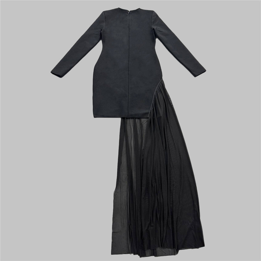 'Diamond' Black Mesh Panel Bodycon Dress: Long Sleeve Sheath