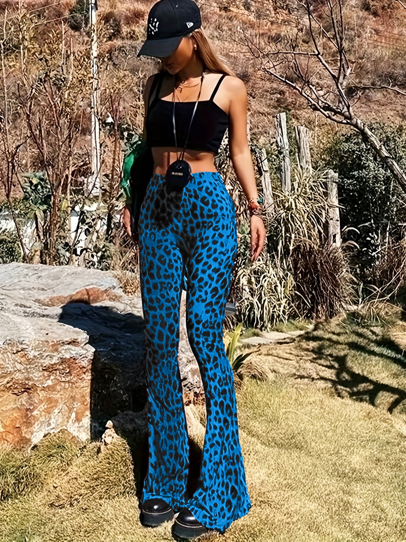 Leopard Print Bell Bottom Pants for Women: High-Waist Skinny Fit Flares