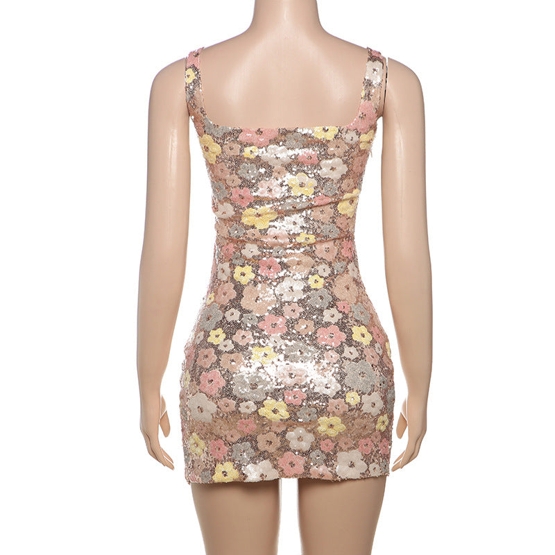 Sexy Sequin Split Mini Dress - Square Neck Bodycon for Club