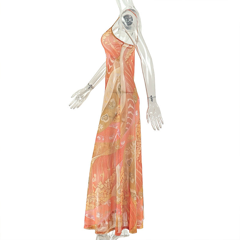 Printed Spaghetti Strap Backless Maxi Dress | Boho Tie Vacation Dress | Orange
