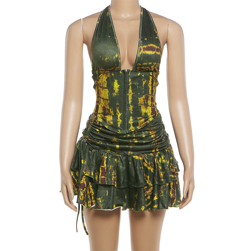 Halter Neck Cutout Backless Ruched Crop Top & Contrast Mini Skirt Set | Sleeveless Sexy Two-Piece Set | Green | Sizes S-L