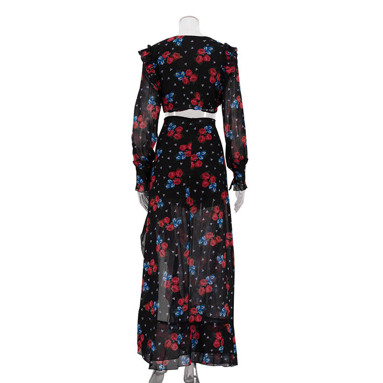 Women's Sexy Digital Print Skirt Suit: Long Sleeve Top & High Slit Skirt Set