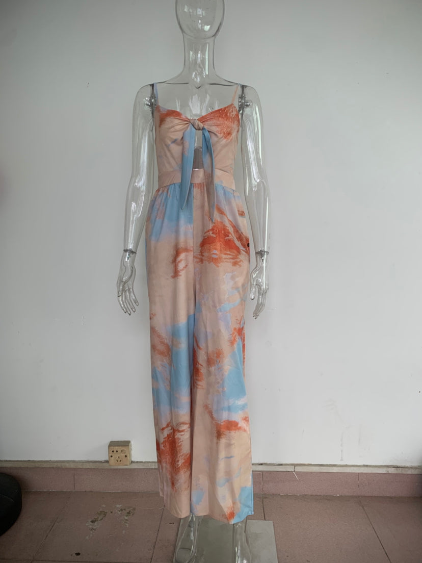 Sky Blue Printed Jumpsuit - High Waist Wide Leg Suspender Style