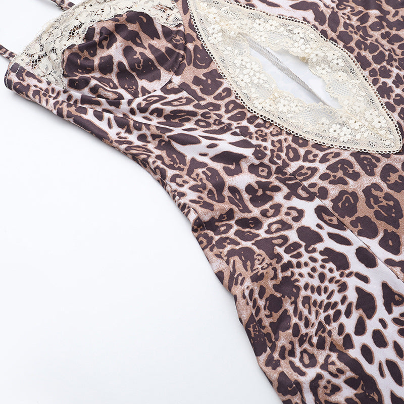 Leopard Print Lace Split Cami Maxi Dress | Cutout Bodycon Spaghetti Strap Dress | Sizes XS-L