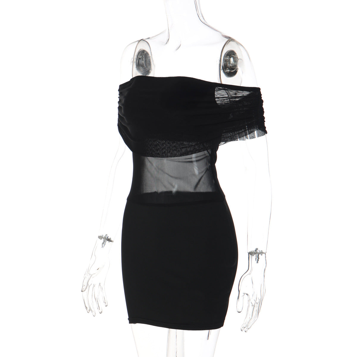 Mesh Off Shoulder Bodycon Dress - Sheer Panel Mini Dress