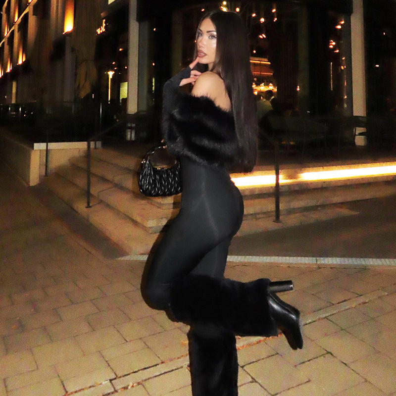 Women’s Off-the-Shoulder Slim Fit Jumpsuit – Long Sleeve Furry Patchwork Full-Length Party Outfit