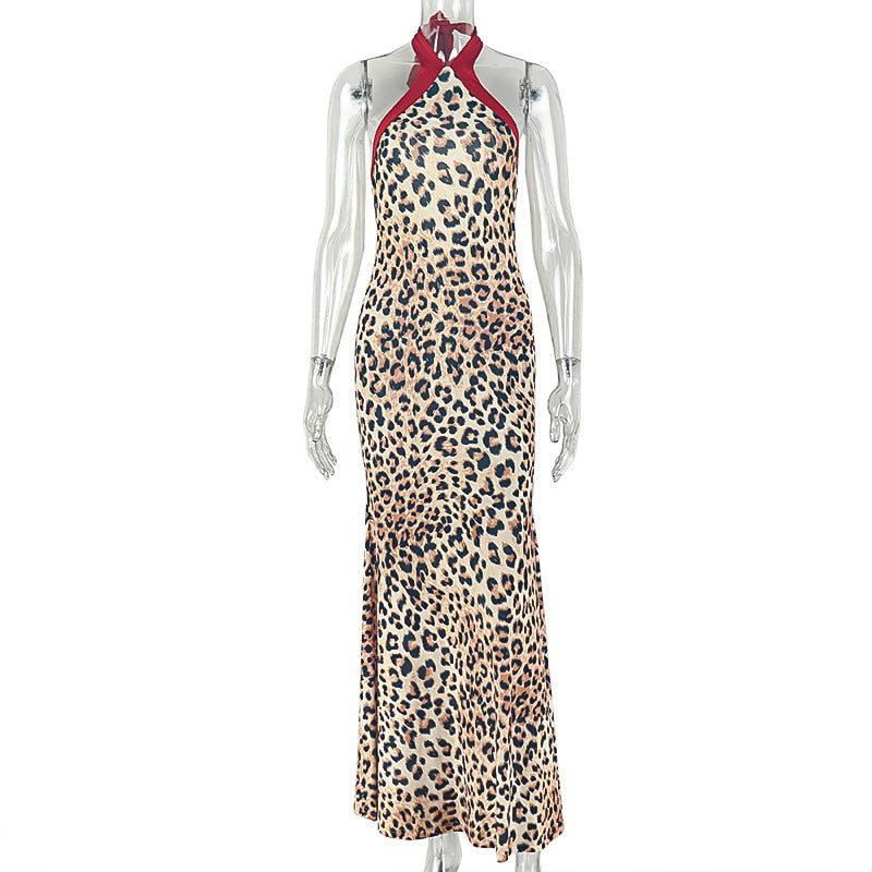 Leopard Print Halter Backless Maxi Dress | Slim Fit Bodycon Formal Dress | Animal Print