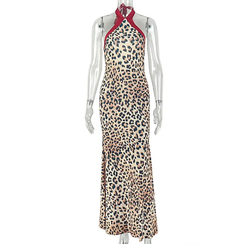 Leopard Print Halter Backless Maxi Dress | Slim Fit Bodycon Formal Dress | Animal Print