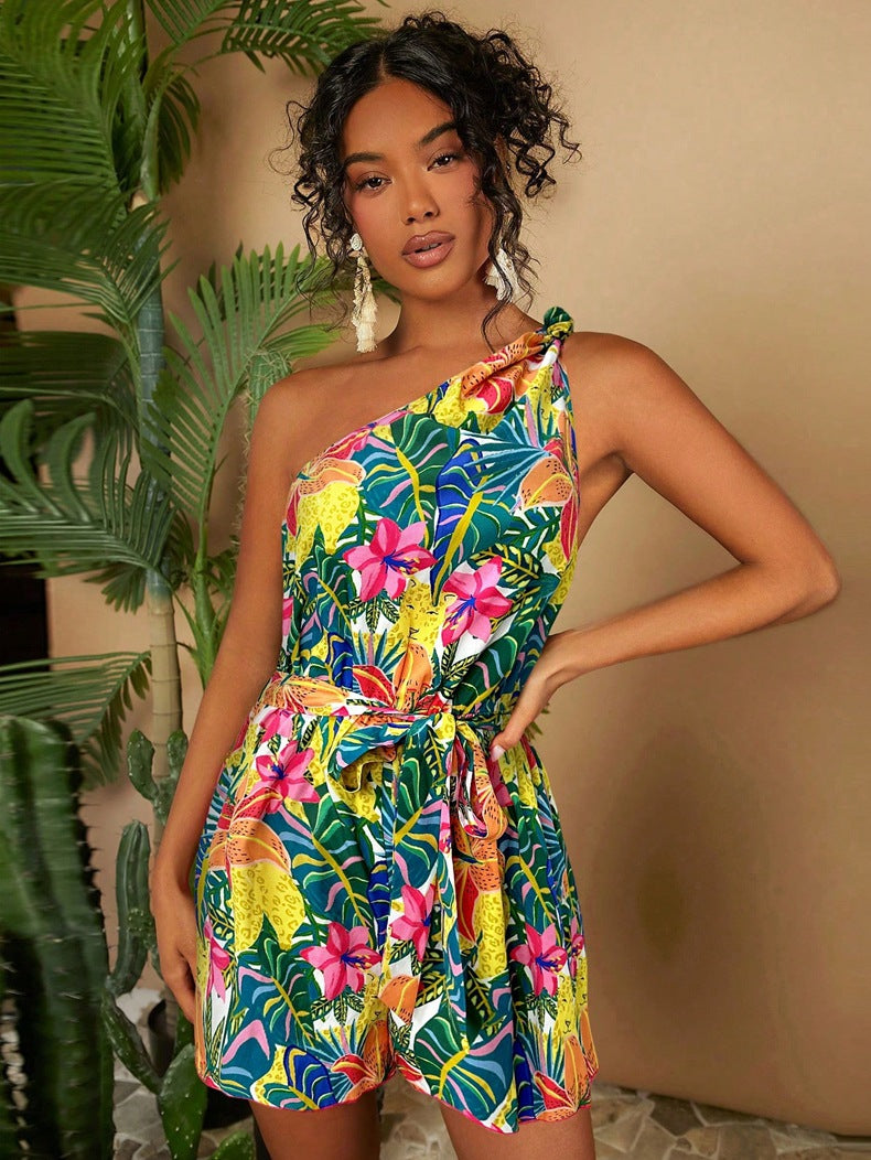 One Shoulder Printed Dress - Asymmetric Belted Mini Dress