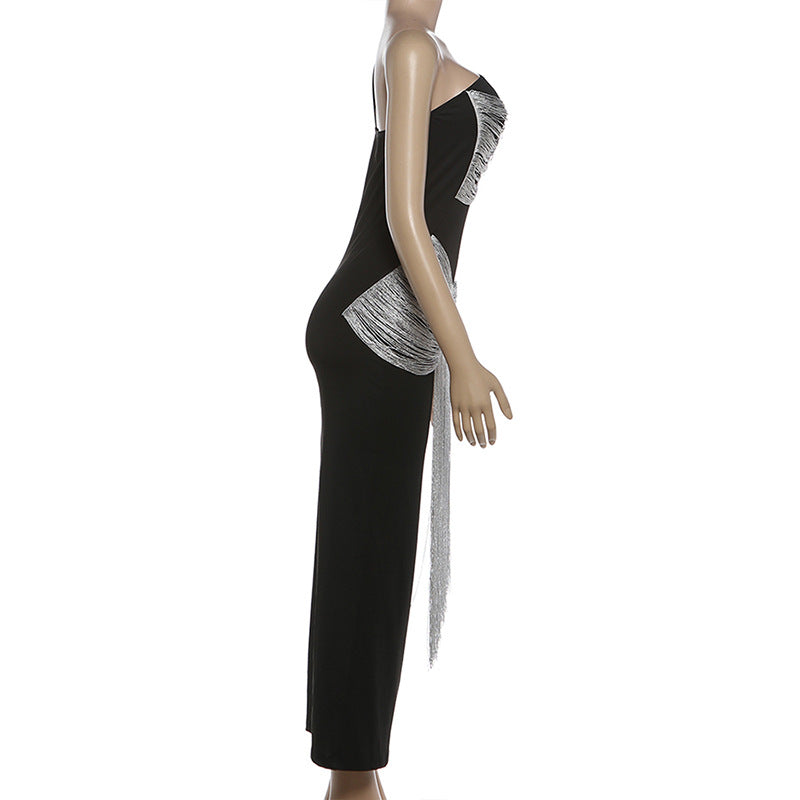 Black One-Shoulder Fringe Tassel Maxi Dress - Asymmetric Bodycon Party Dress