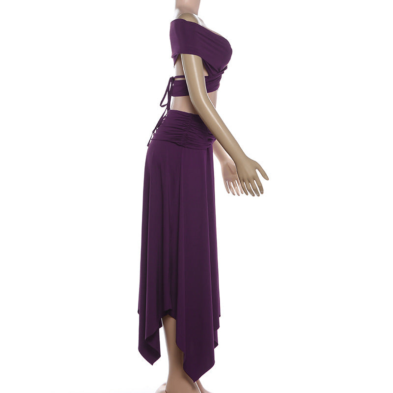 Deep V-Neck Ruched Twisted Crop Top & Asymmetric Midi Skirt Set | Sleeveless Two-Piece Set | Purple | Sizes S-L
