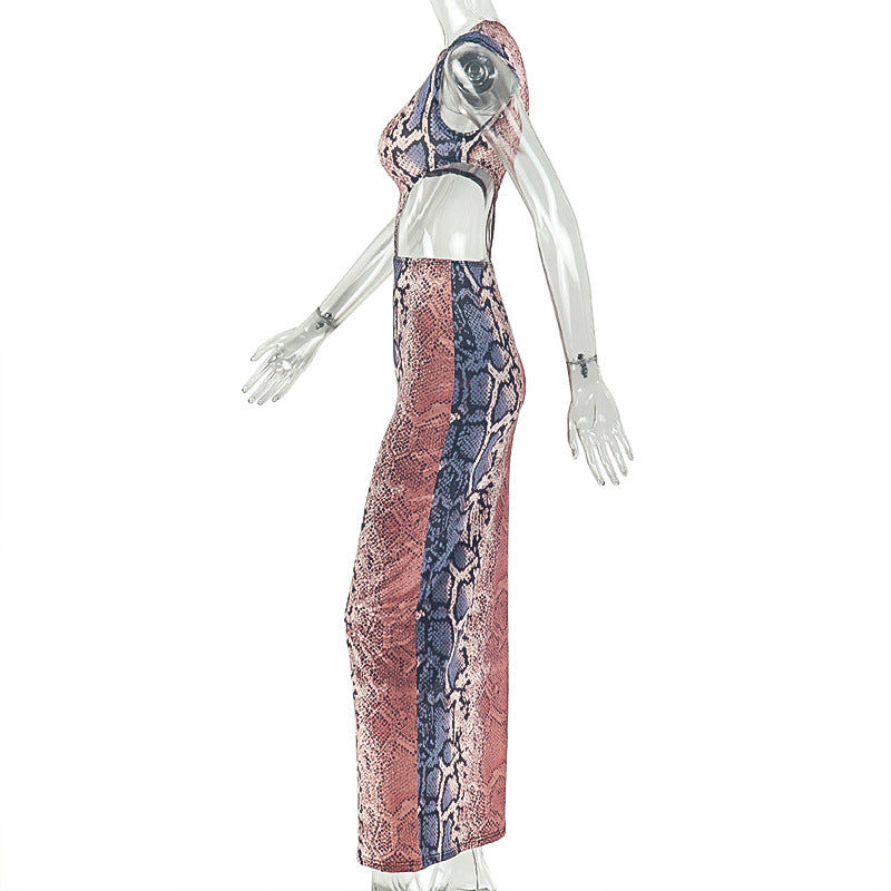 Women's Snake Print Bodycon Maxi Dress – Sexy Backless Cutout Crew Neck Dress