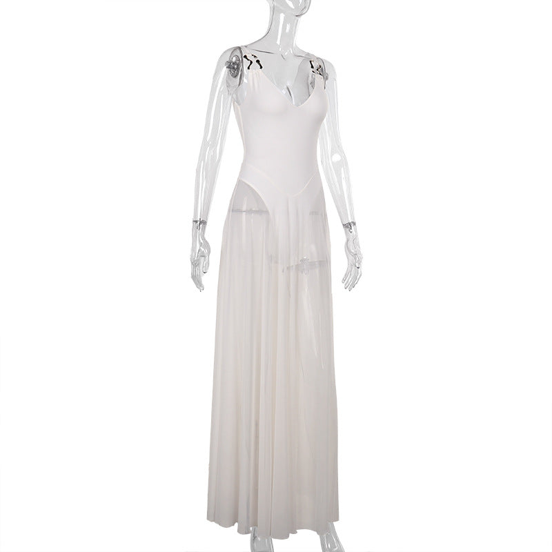 Mesh A-Line Maxi Dress | Slim Fit V-Neck Sleeveless Vacation Dress | 6 Colors