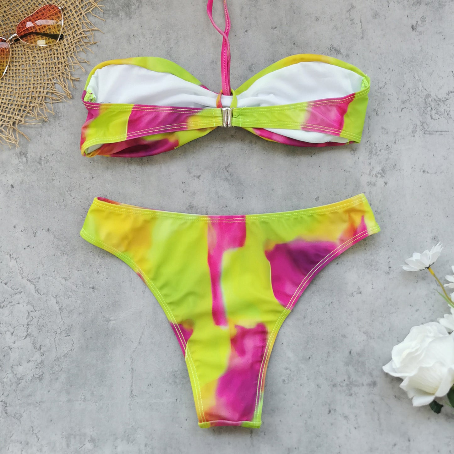 Women’s 3-Piece Boho Bikini Set – Halter Lace-Up Tube Top with Sheer Mesh Pants, Summer Swimsuit